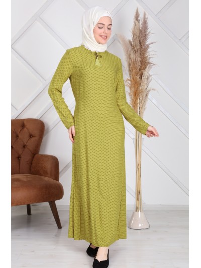 Pamuk Viskon Puantiyeli Tesettür Elbise - Yeşil